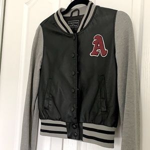 Leather/fabric varsity jacket. Like new.